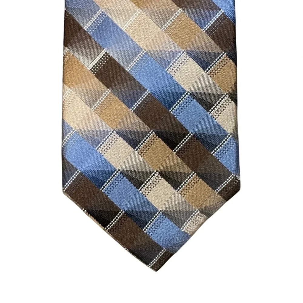 NWT Van Heusen Mens Silk Necktie Taupe Blue Geometric Block Pattern 5V963010 NWT
